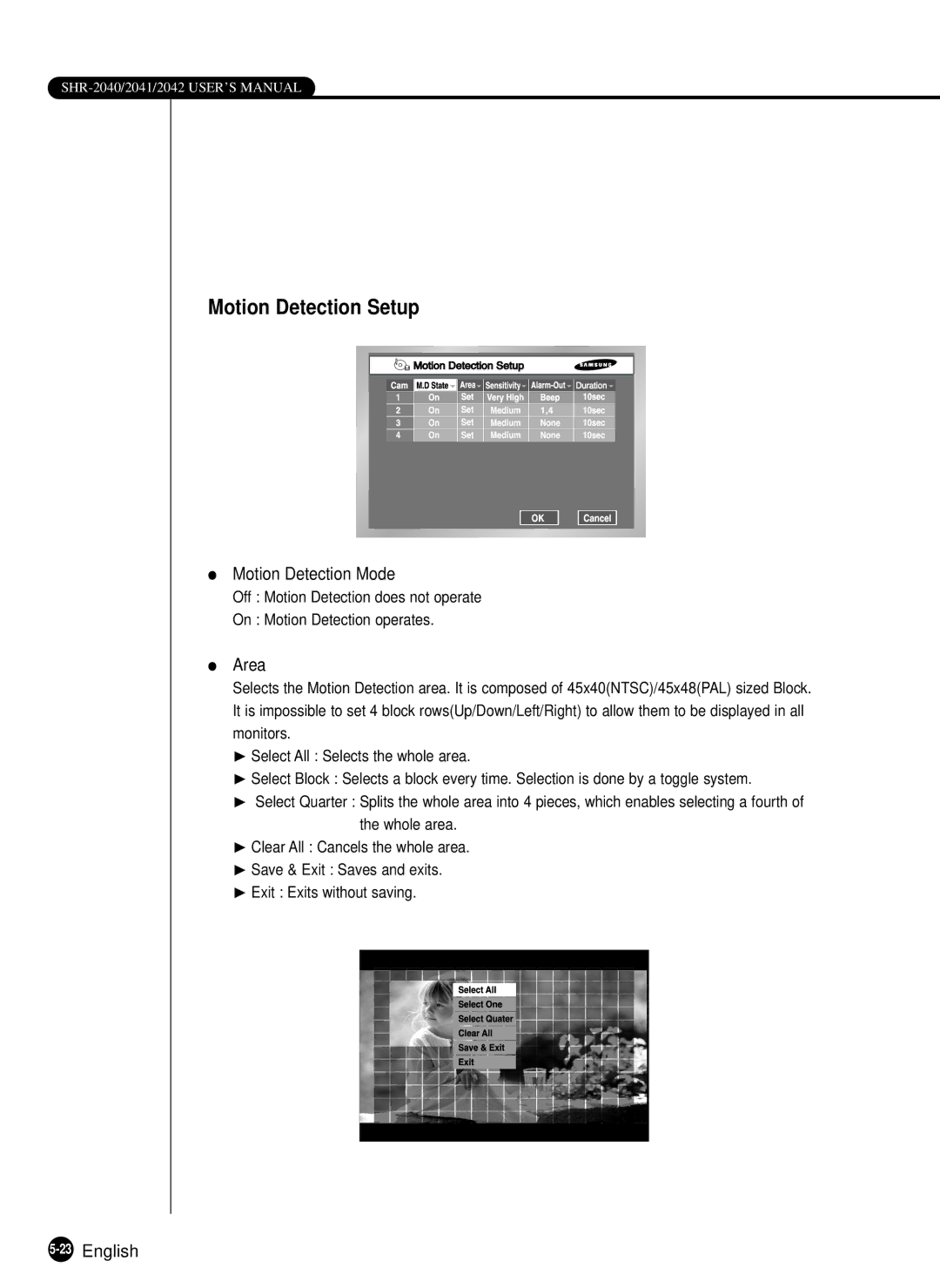 Samsung SHR-2040P, SHR-2040N manual Motion Detection Setup, Motion Detection Mode, Area, 23English 