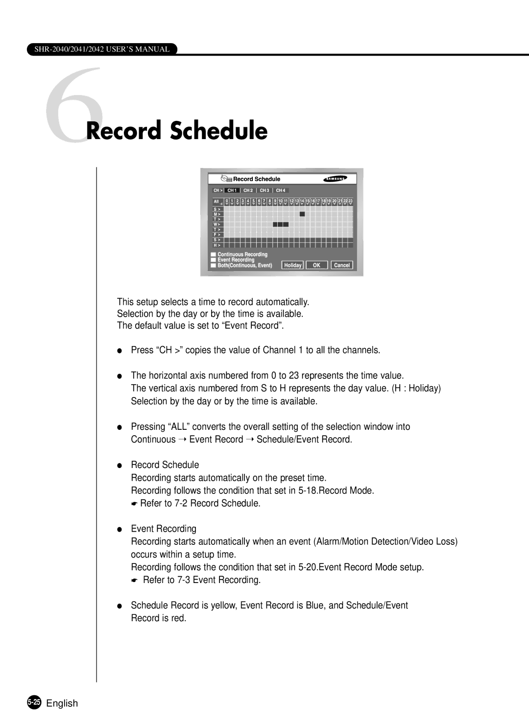 Samsung SHR-2040P, SHR-2040N manual 6Record Schedule 