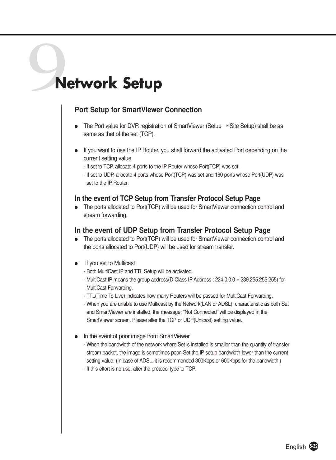 Samsung SHR-2040N 9Network Setup, Port Setup for SmartViewer Connection, Event of TCP Setup from Transfer Protocol Setup 