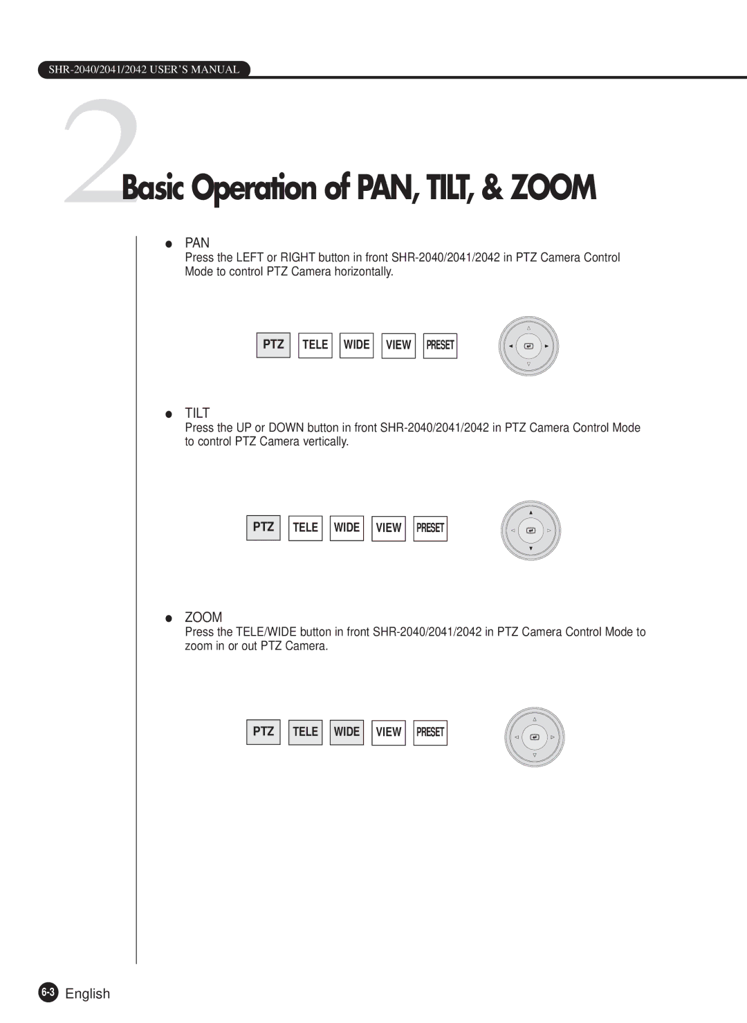 Samsung SHR-2040N, SHR-2040P manual 2Basic Operation of PAN, TILT, & Zoom 