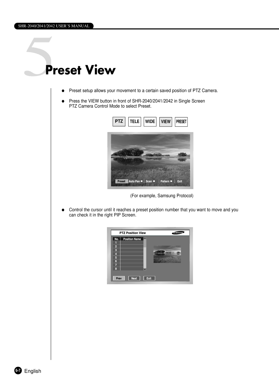 Samsung SHR-2040N, SHR-2040P manual 5Preset View, 7English 