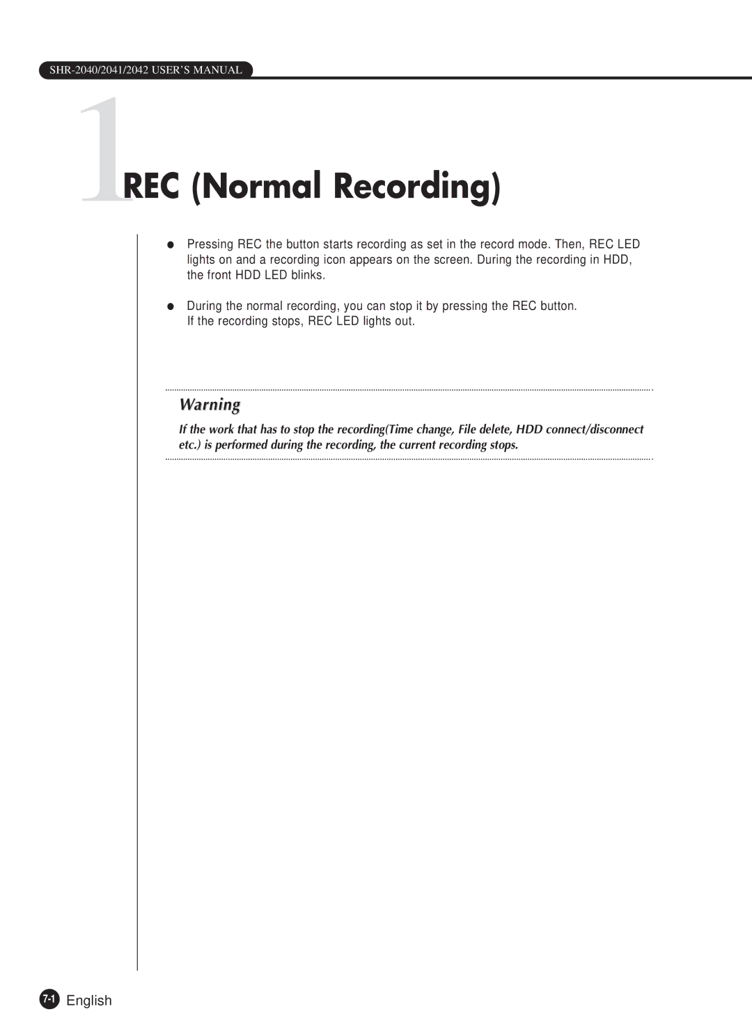 Samsung SHR-2040P, SHR-2040N manual 1REC Normal Recording, 1English 