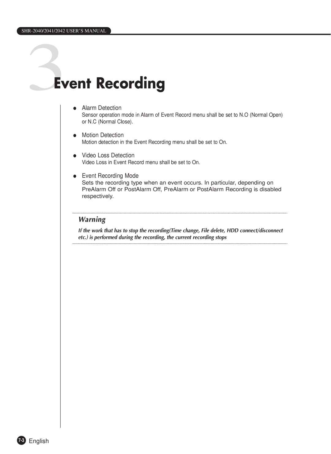 Samsung SHR-2040P manual 3Event Recording, Alarm Detection, Motion Detection, Video Loss Detection, Event Recording Mode 