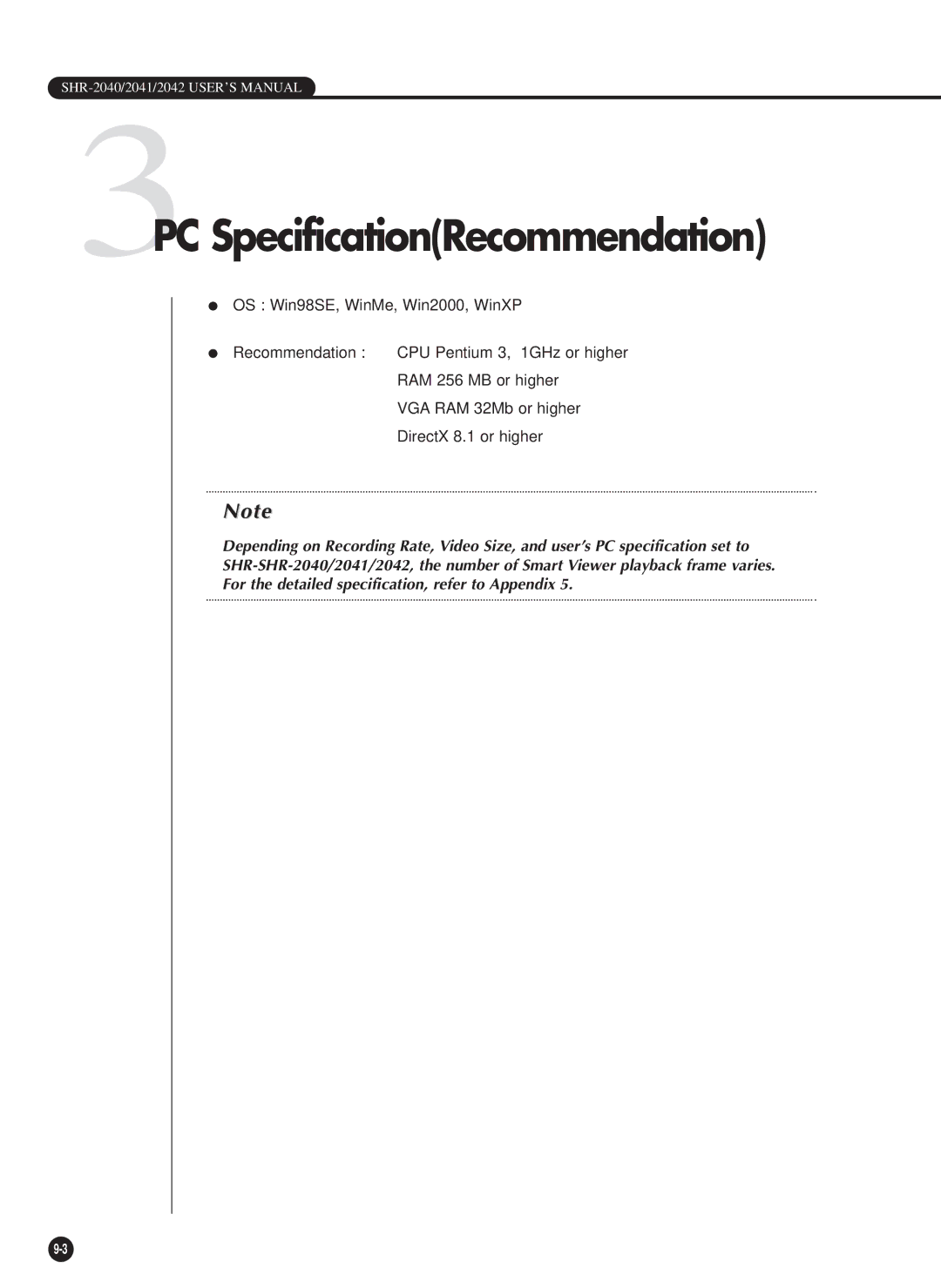 Samsung SHR-2042P, SHR-2040P/GAR, SHR-2040PX, SHR-2040P/XEC manual 3PC SpecificationRecommendation 