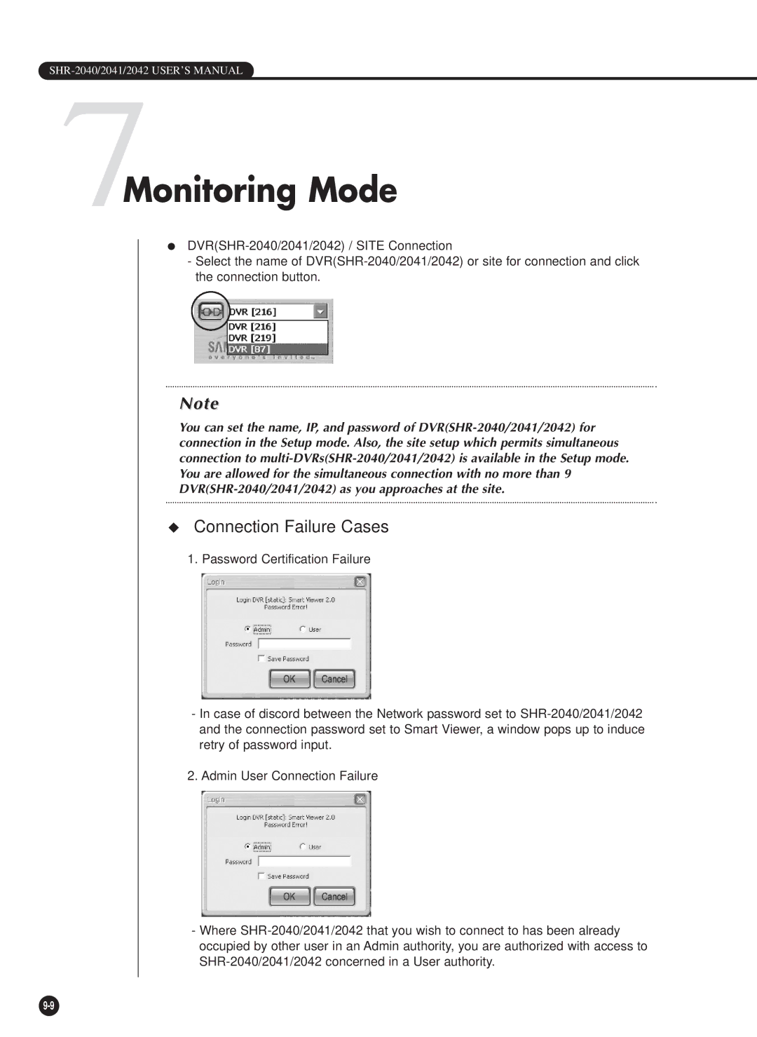 Samsung SHR-2040PX, SHR-2040P/GAR, SHR-2042P, SHR-2040P/XEC manual 7Monitoring Mode, Connection Failure Cases 