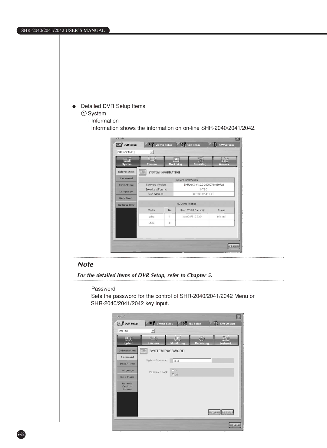 Samsung SHR-2042P, SHR-2040P/GAR, SHR-2040PX, SHR-2040P/XEC manual For the detailed items of DVR Setup, refer to Chapter 