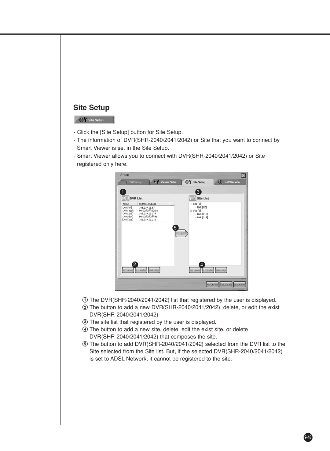 Samsung SHR-2042P, SHR-2040P/GAR, SHR-2040PX, SHR-2040P/XEC manual Site Setup 