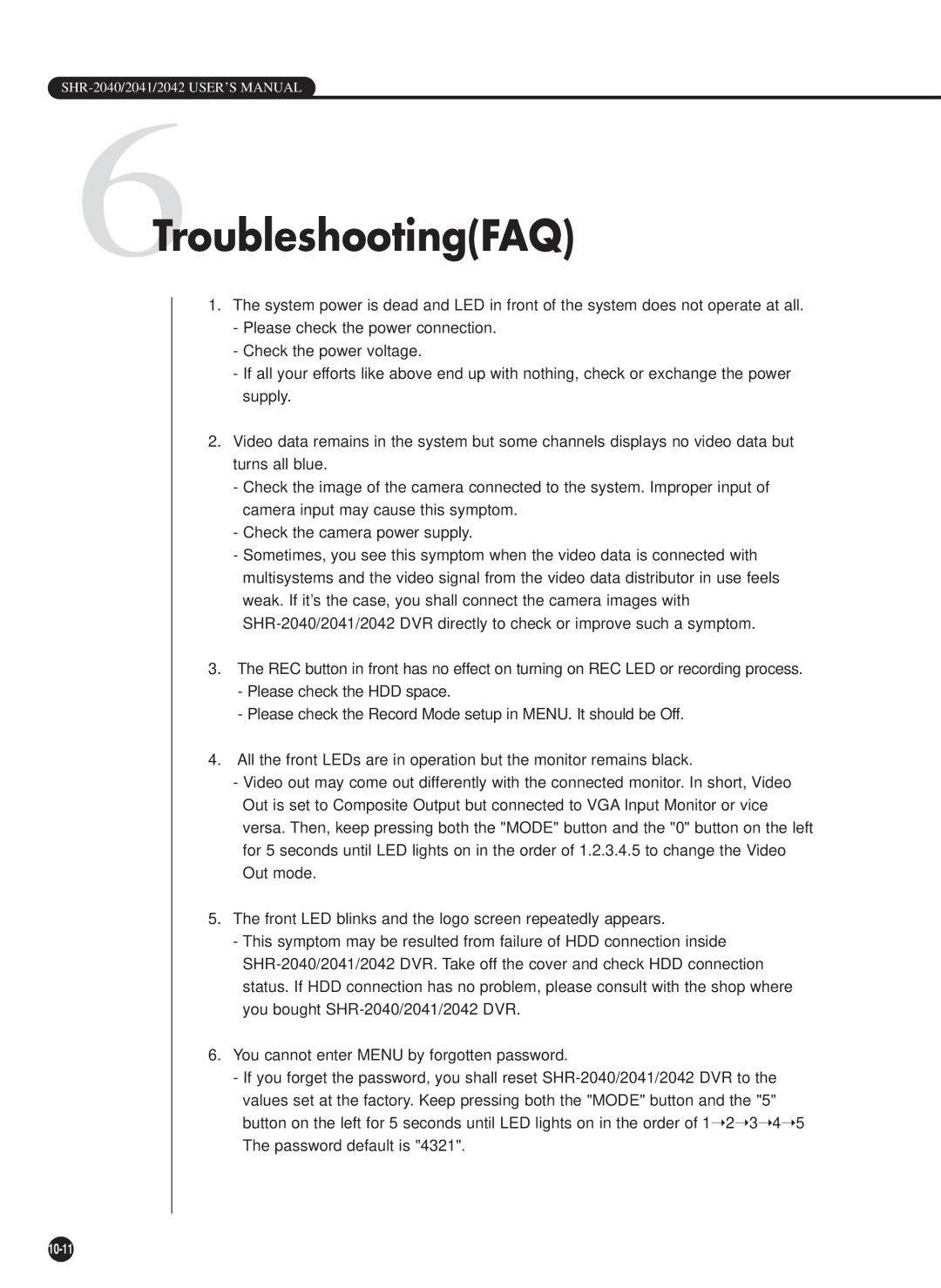 Samsung SHR-2040P/GAR, SHR-2042P, SHR-2040PX, SHR-2040P/XEC manual 6TroubleshootingFAQ 