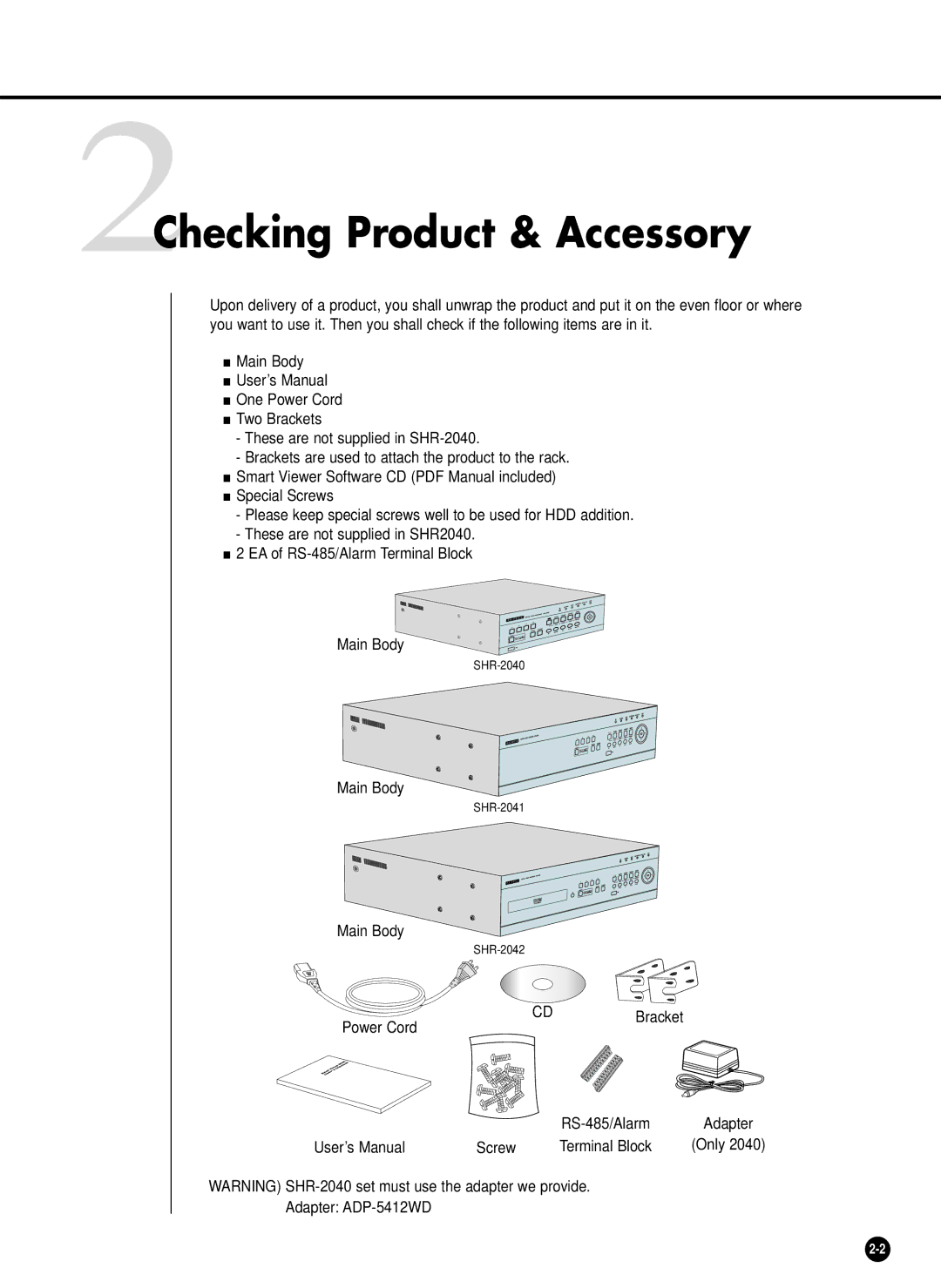 Samsung SHR-2040PX, SHR-2040P/GAR, SHR-2042P, SHR-2040P/XEC manual 2Checking Product & Accessory 