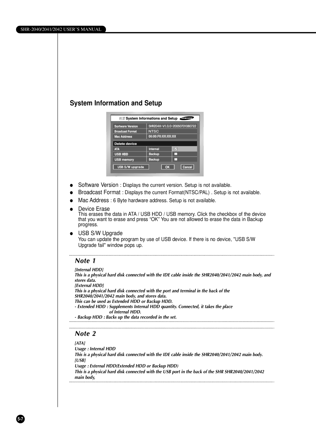 Samsung SHR-2040P/XEC, SHR-2040P/GAR, SHR-2042P, SHR-2040PX manual System Information and Setup, Device Erase, USB S/W Upgrade 