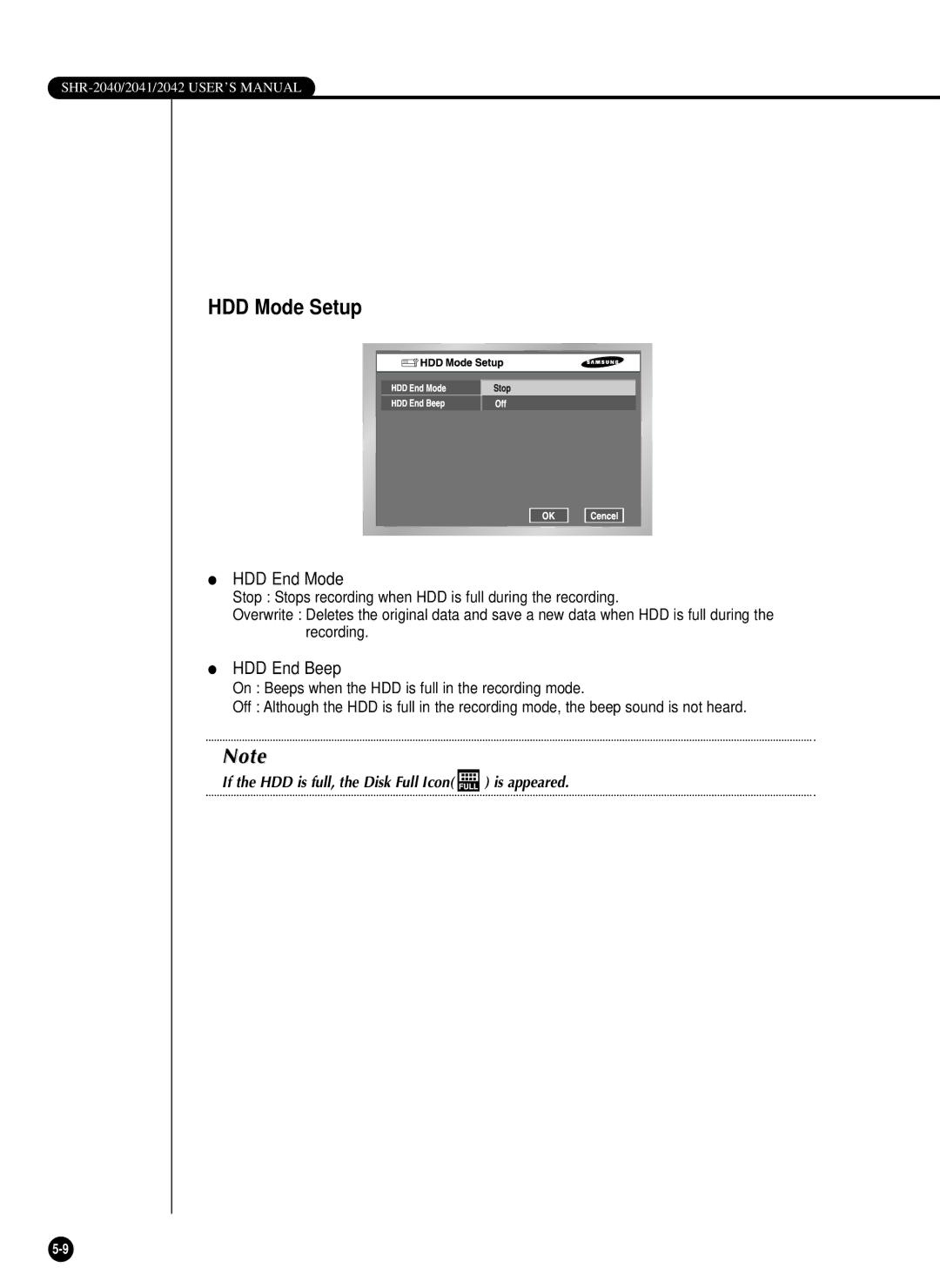 Samsung SHR-2040P/GAR, SHR-2042P, SHR-2040PX, SHR-2040P/XEC manual HDD Mode Setup, HDD End Mode, HDD End Beep 