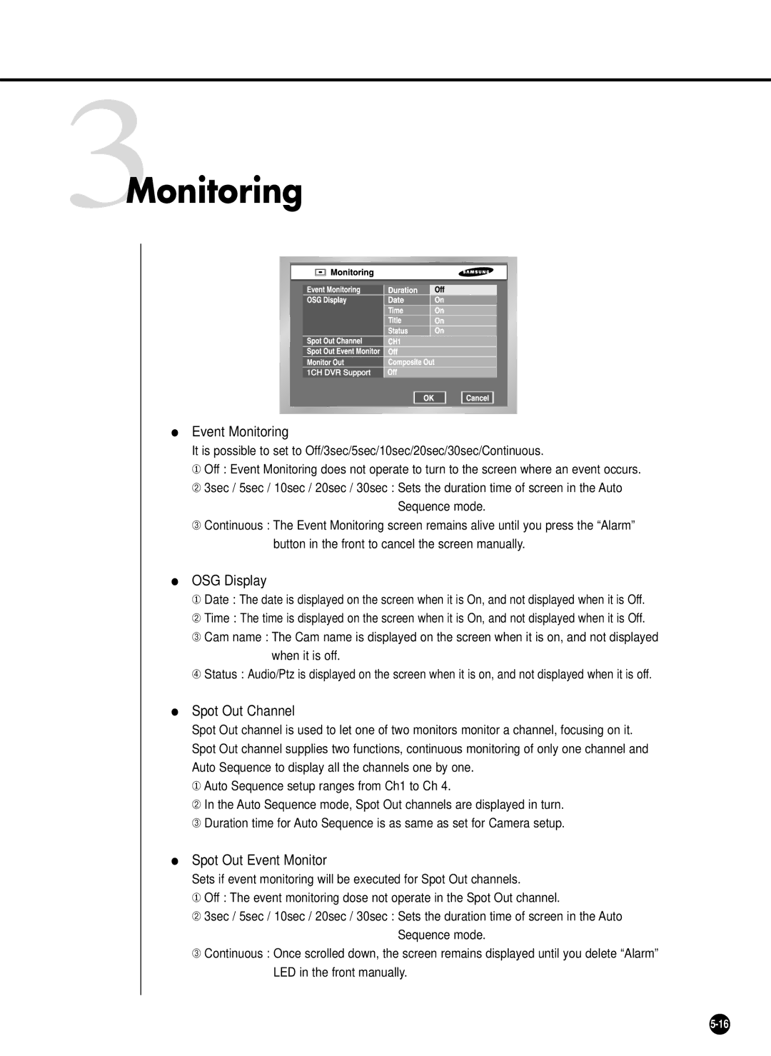 Samsung SHR-2040PX, SHR-2040P/GAR, SHR-2042P manual 3Monitoring, OSG Display, Spot Out Channel, Spot Out Event Monitor 