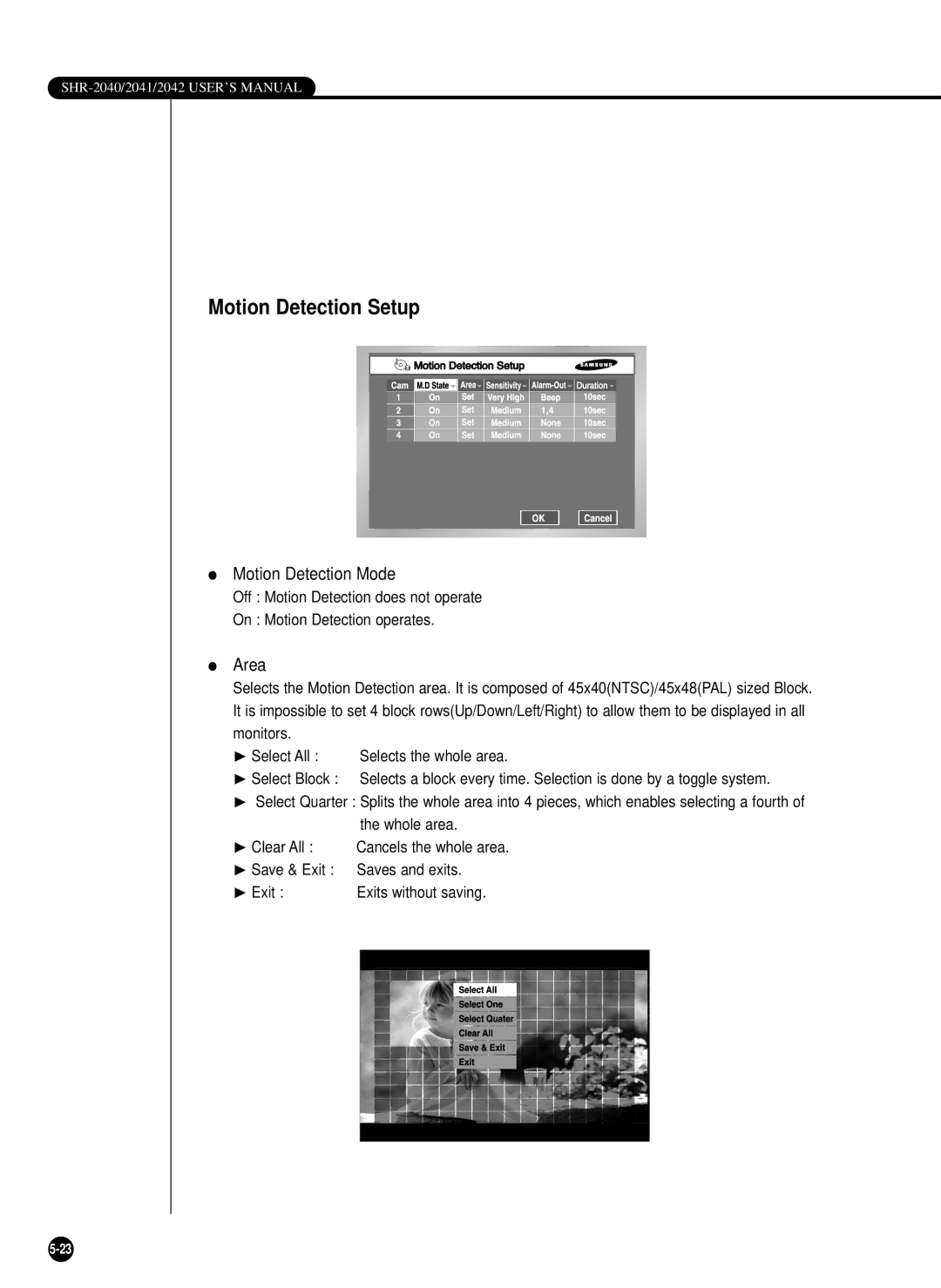 Samsung SHR-2040P/GAR, SHR-2042P, SHR-2040PX, SHR-2040P/XEC manual Motion Detection Setup, Motion Detection Mode, Area 