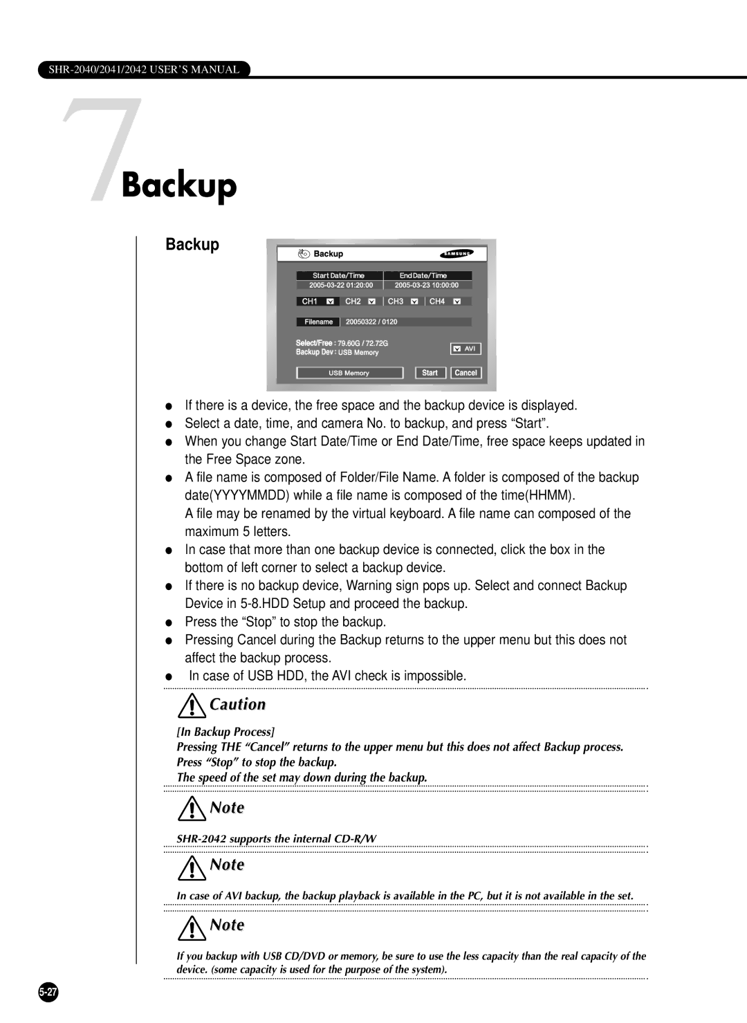 Samsung SHR-2040P/XEC, SHR-2040P/GAR, SHR-2042P, SHR-2040PX manual 7Backup 