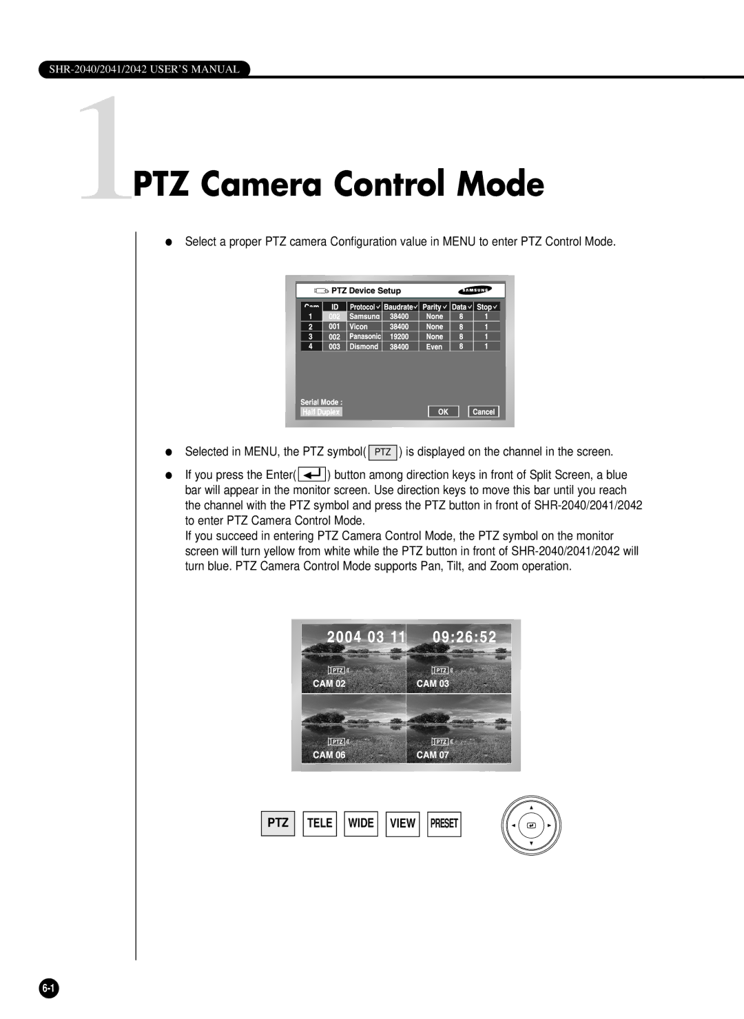 Samsung SHR-2040P/GAR, SHR-2042P, SHR-2040PX, SHR-2040P/XEC manual 1PTZ Camera Control Mode, PTZ Tele Wide View Preset 