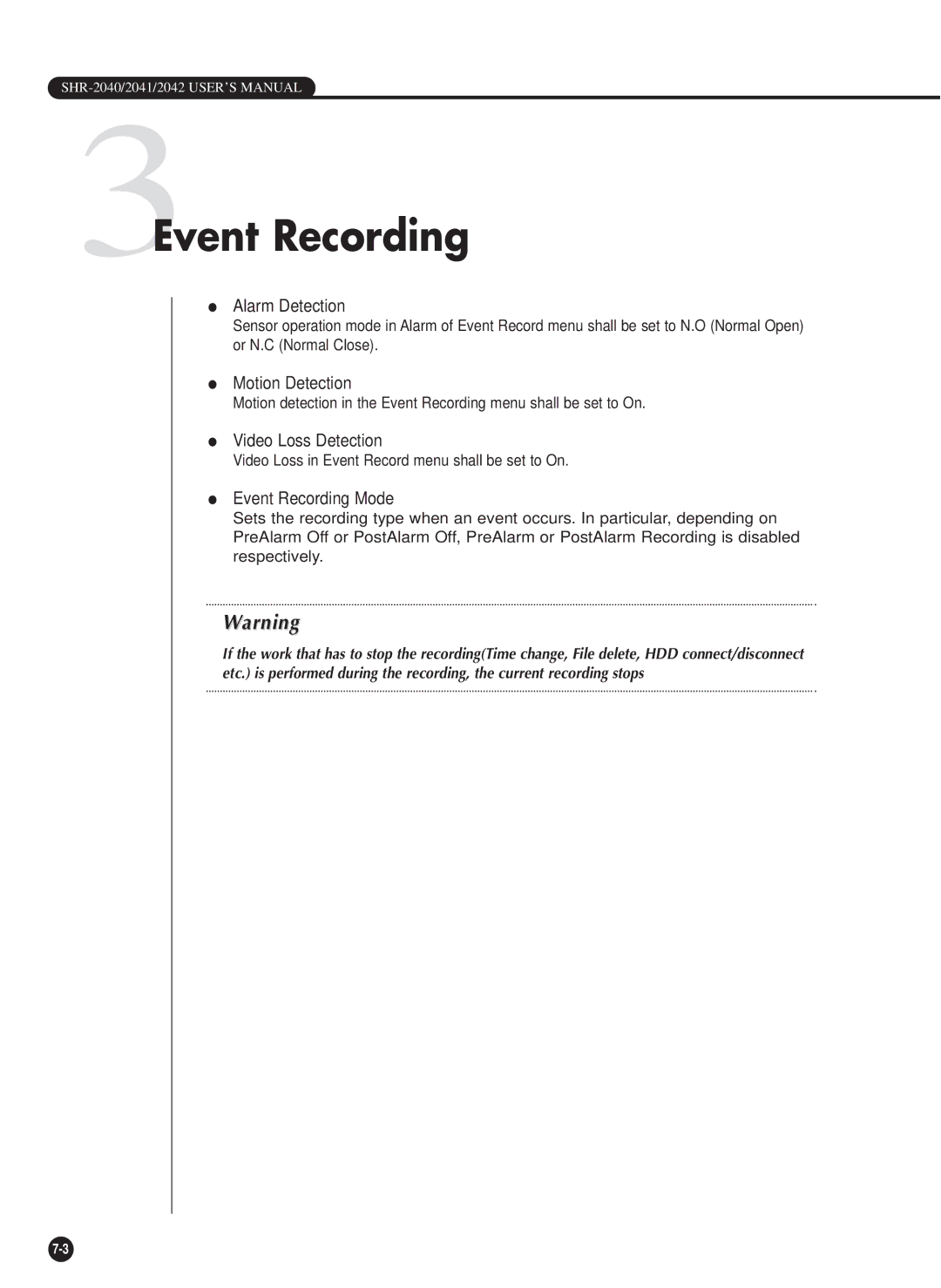 Samsung SHR-2042P manual 3Event Recording, Alarm Detection, Motion Detection, Video Loss Detection, Event Recording Mode 