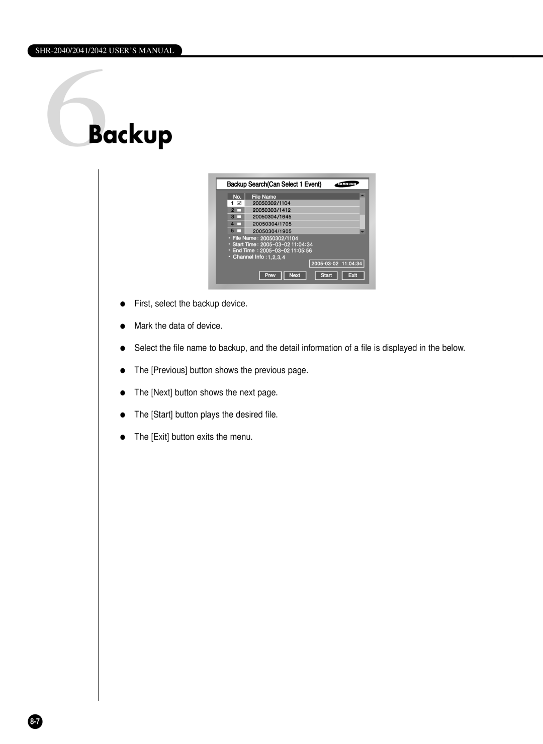 Samsung SHR-2040P 6Backup, First, select the backup device Mark the data of device, The Next button shows the next page 