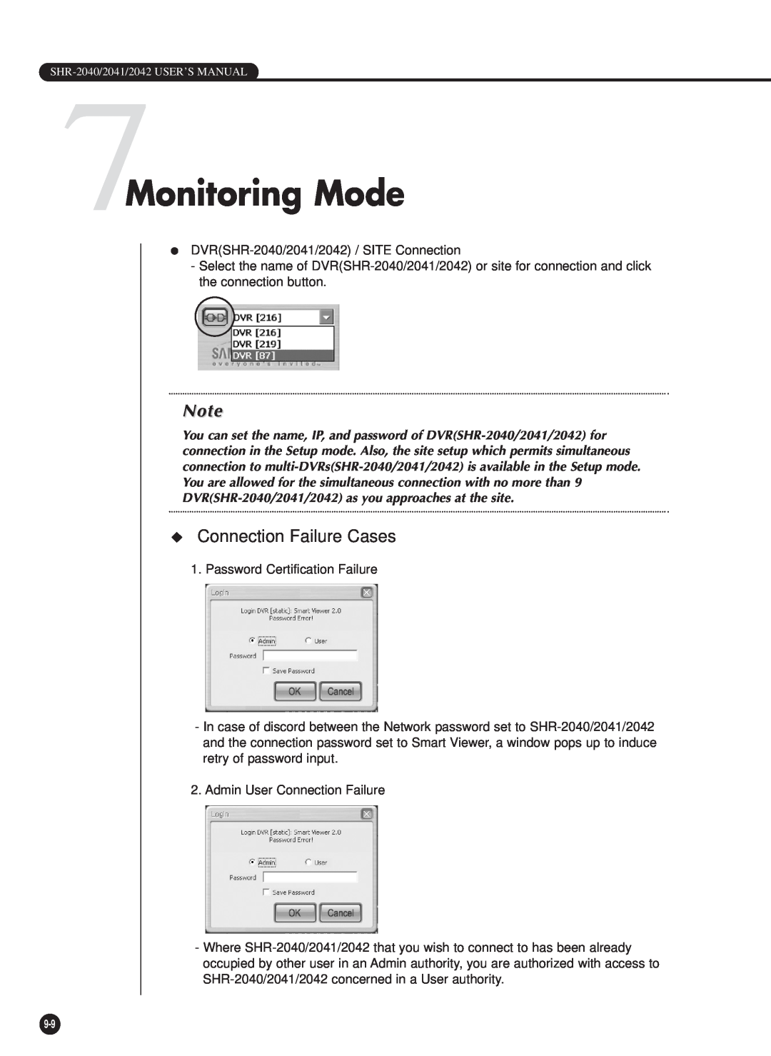 Samsung SHR-2040PX, SHR-2040P/GAR, SHR-2042P, SHR-2040P/XEC manual 7Monitoring Mode, Connection Failure Cases 