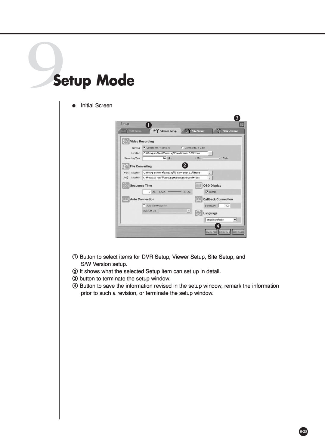Samsung SHR-2040P/XEC 9Setup Mode, Initial Screen, @ It shows what the selected Setup item can set up in detail, 9-30 