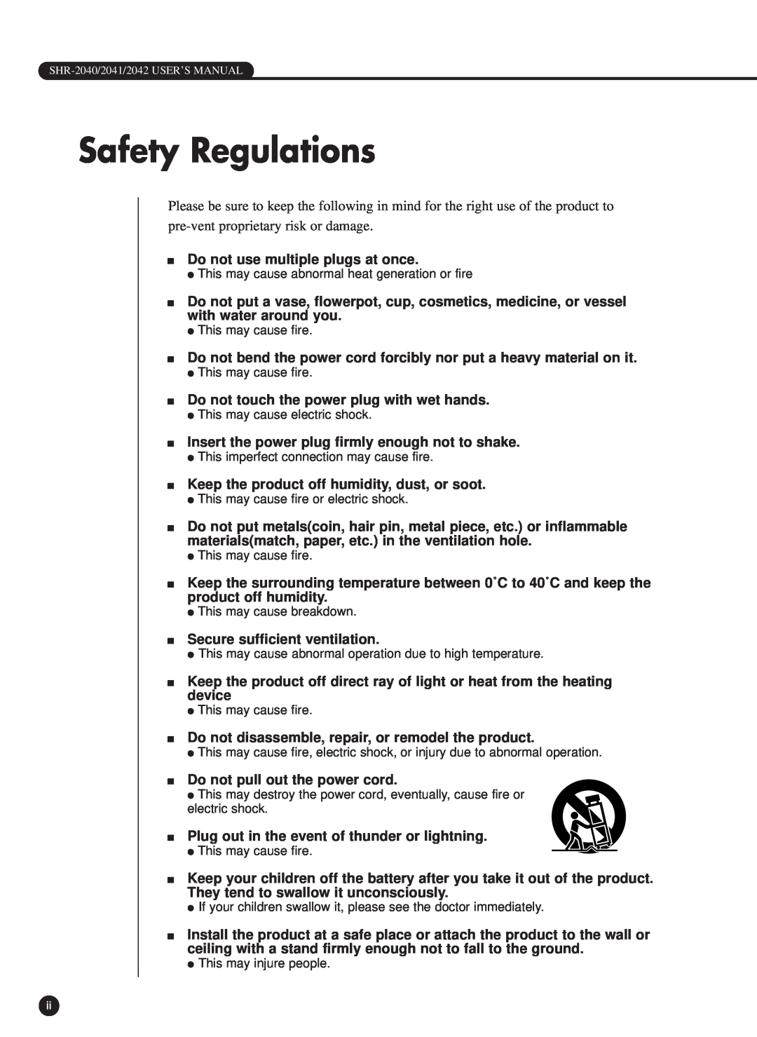 Samsung SHR-2042P, SHR-2040P/GAR, SHR-2040PX, SHR-2040P/XEC manual Safety Regulations 