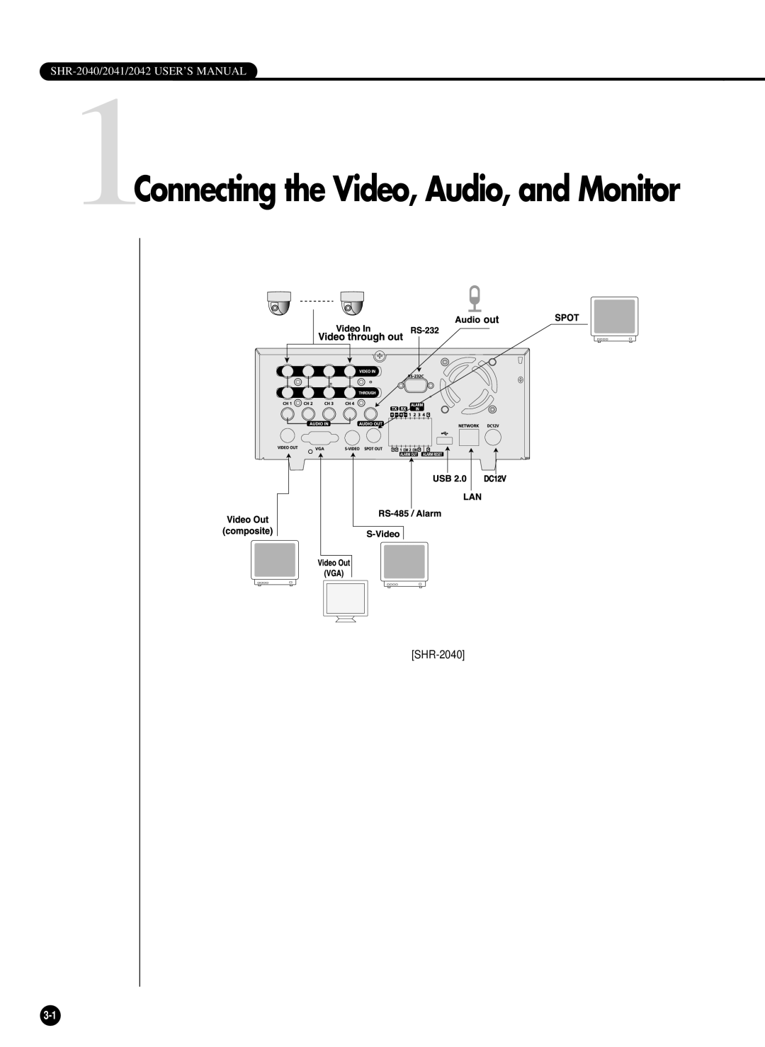 Samsung SHR-2040P/GAR, SHR-2042P, SHR-2040PX 1Connecting the Video, Audio, and Monitor, SHR-2040/2041/2042 USER’S MANUAL 