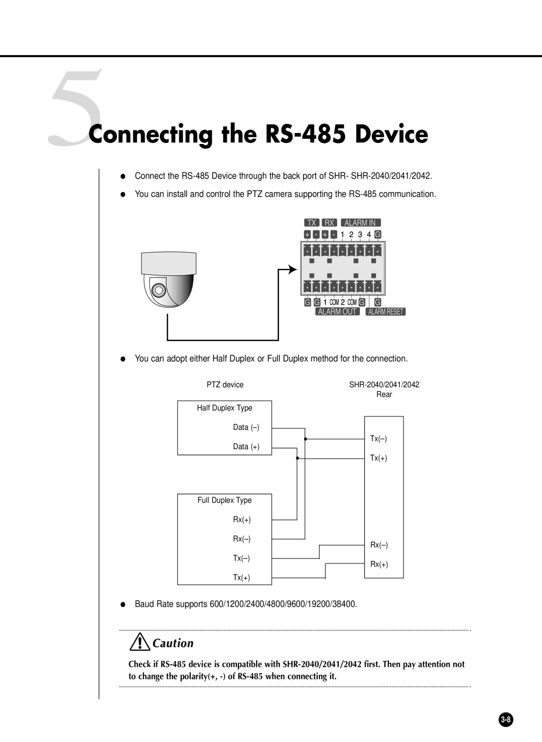 Samsung SHR-2042P, SHR-2040P/GAR, SHR-2040PX, SHR-2040P/XEC manual 5Connecting the RS-485 Device 
