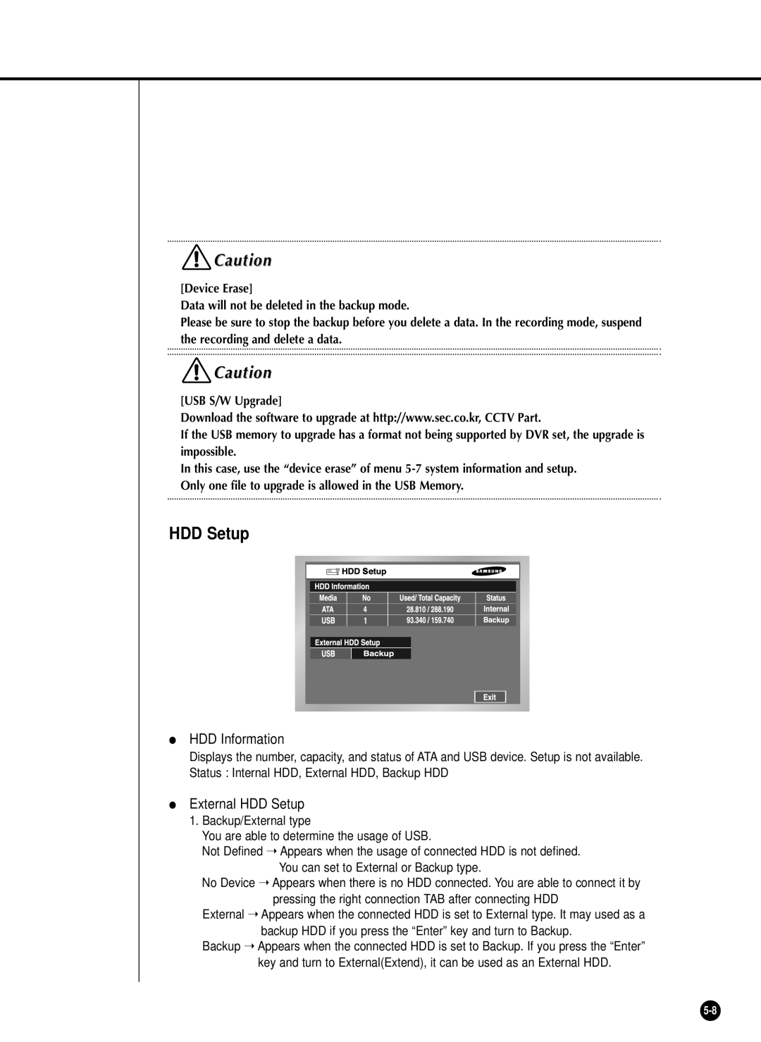 Samsung SHR-2040P manual HDD Information, External HDD Setup, Device Erase Data will not be deleted in the backup mode 