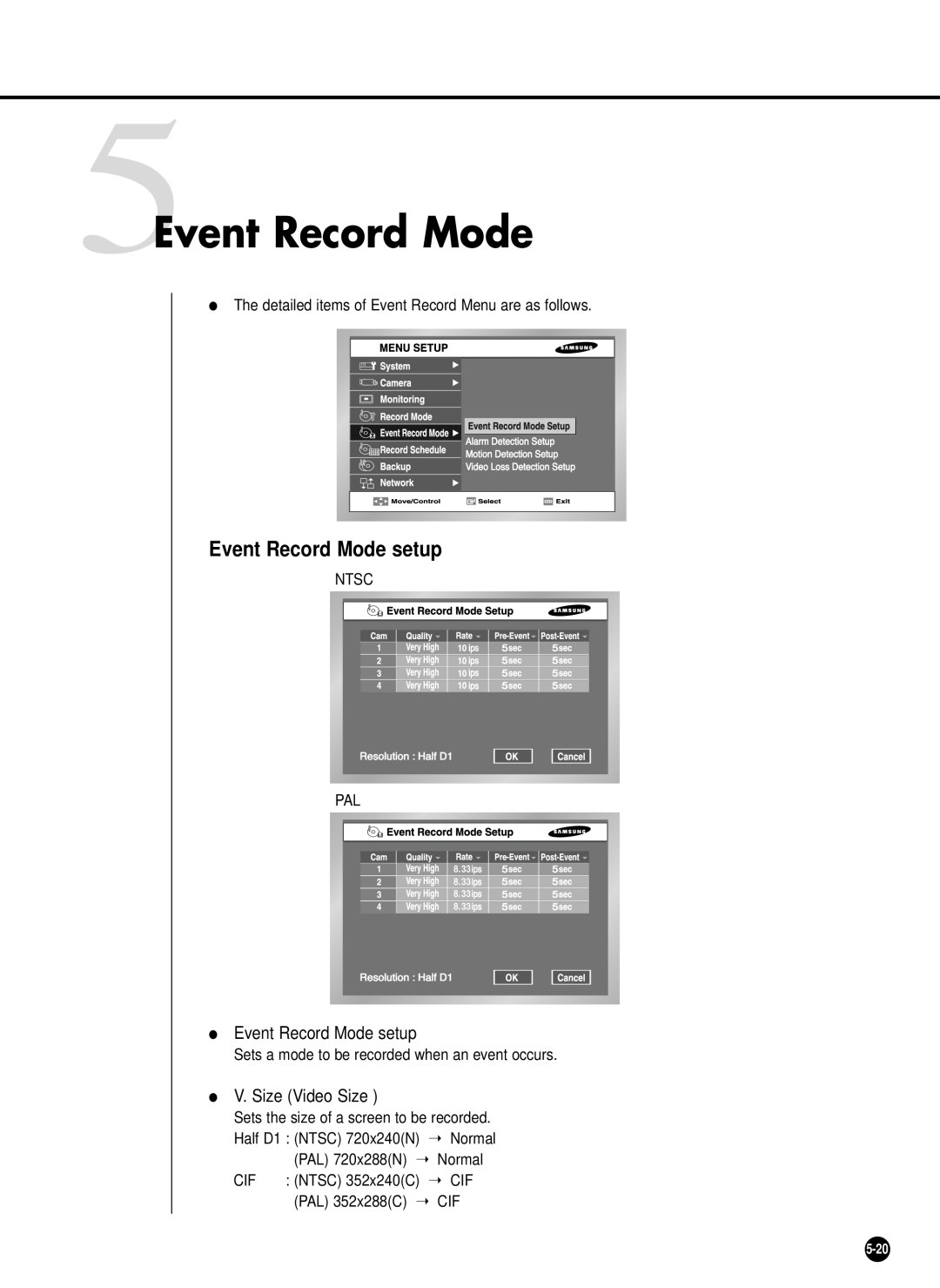 Samsung SHR-2042P 5Event Record Mode, Event Record Mode setup, PAL 720x288N, Normal, NTSC 352x240C CIF, PAL 352x288C, 5-20 