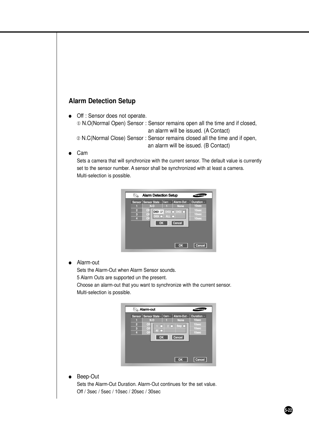 Samsung SHR-2040P/XEC, SHR-2040P/GAR, SHR-2042P, SHR-2040PX manual Alarm Detection Setup 