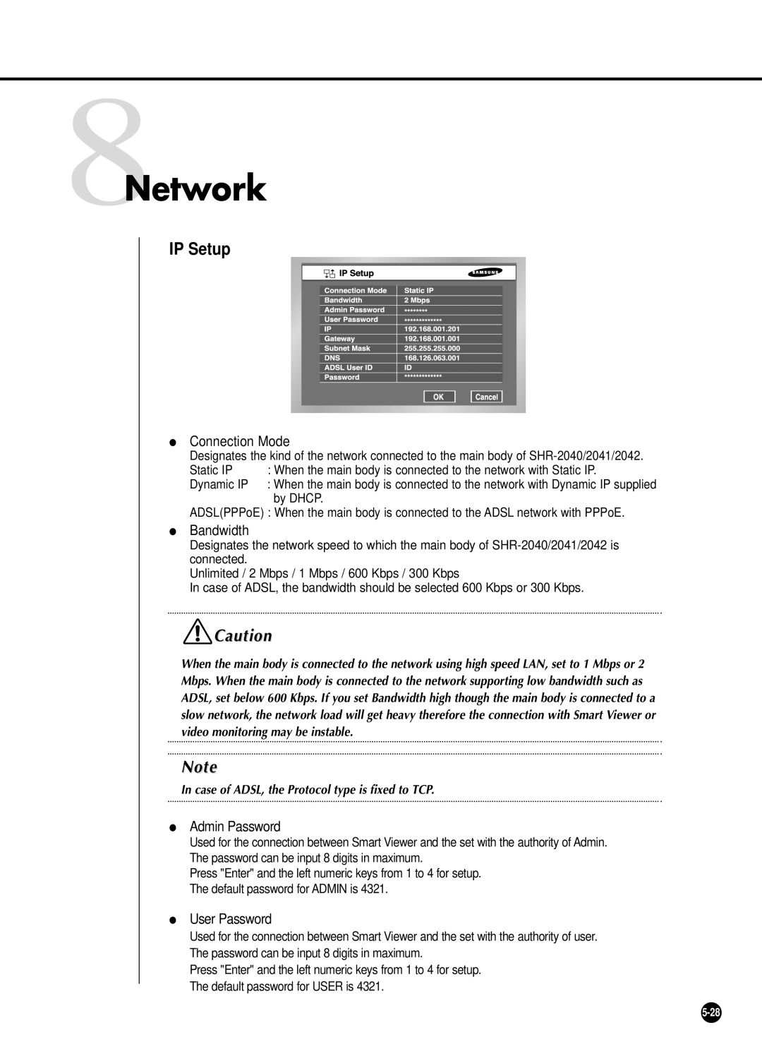 Samsung SHR-2040P/GAR, SHR-2042P, SHR-2040PX, SHR-2040P/XEC manual 8Network, IP Setup 