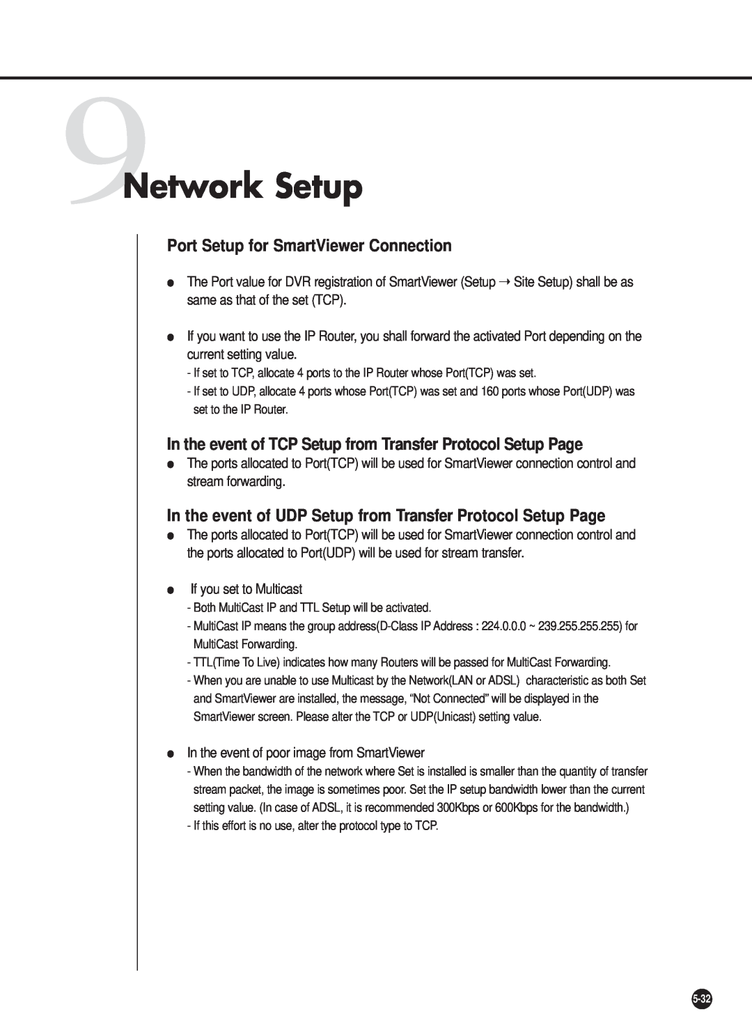 Samsung SHR-2040P/XEC, SHR-2040P/GAR, SHR-2042P, SHR-2040PX manual 9Network Setup, Port Setup for SmartViewer Connection 