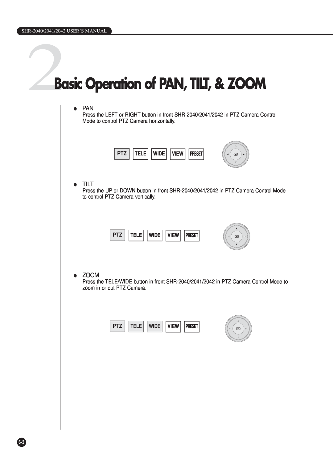Samsung SHR-2040PX, SHR-2040P/GAR, SHR-2042P, SHR-2040P/XEC 2Basic Operation of PAN, TILT, & ZOOM, Tele Wide View Preset 
