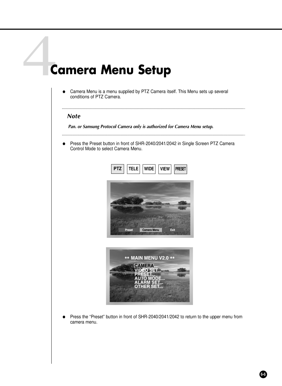 Samsung SHR-2040P/GAR, SHR-2042P, SHR-2040PX, SHR-2040P/XEC manual 4Camera Menu Setup, Tele, Wide View Preset 