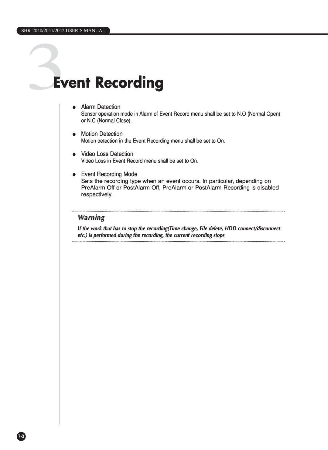 Samsung SHR-2042P manual 3Event Recording, Alarm Detection, Motion Detection, Video Loss Detection, Event Recording Mode 