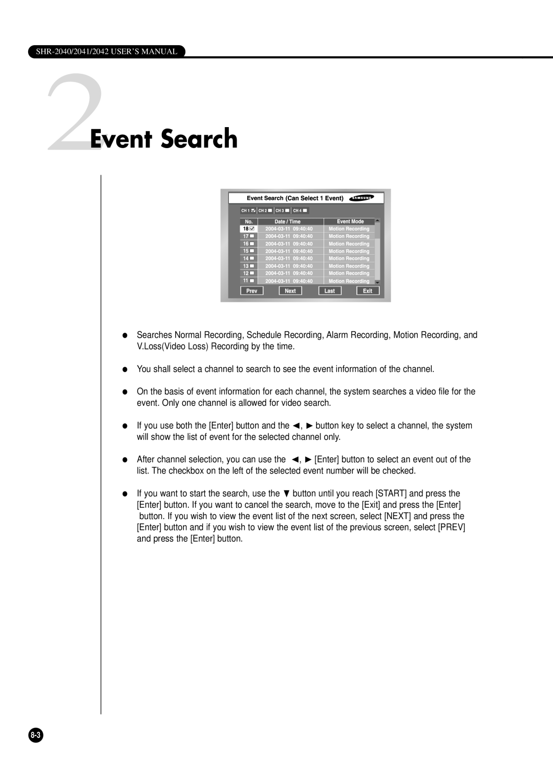 Samsung SHR-2040P/GAR, SHR-2042P, SHR-2040PX, SHR-2040P/XEC manual 2Event Search 