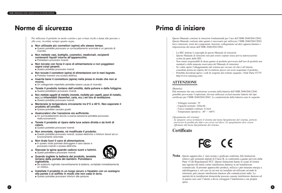 Samsung SHR-2042P, SHR-2040P/GAR, SHR-2040PX manual Norme di sicurezza, Prima di iniziare 