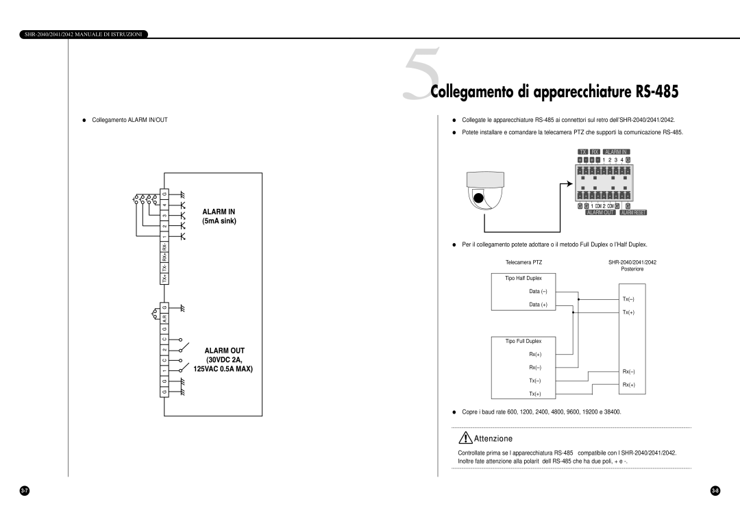 Samsung SHR-2040P manual 5Collegamento di apparecchiature RS-485, Copre i baud rate 600, 1200, 2400, 4800, 9600, 19200 e 