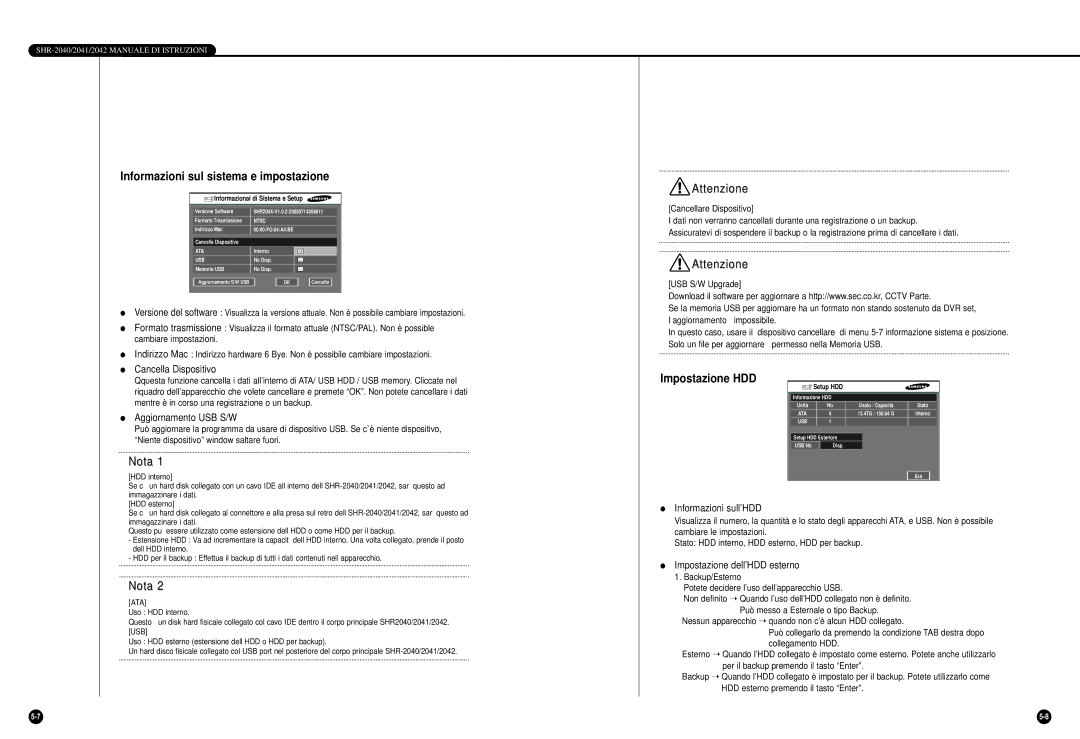 Samsung SHR-2042P, SHR-2040P/GAR, SHR-2040PX manual Informazioni sul sistema e impostazione, Impostazione HDD 