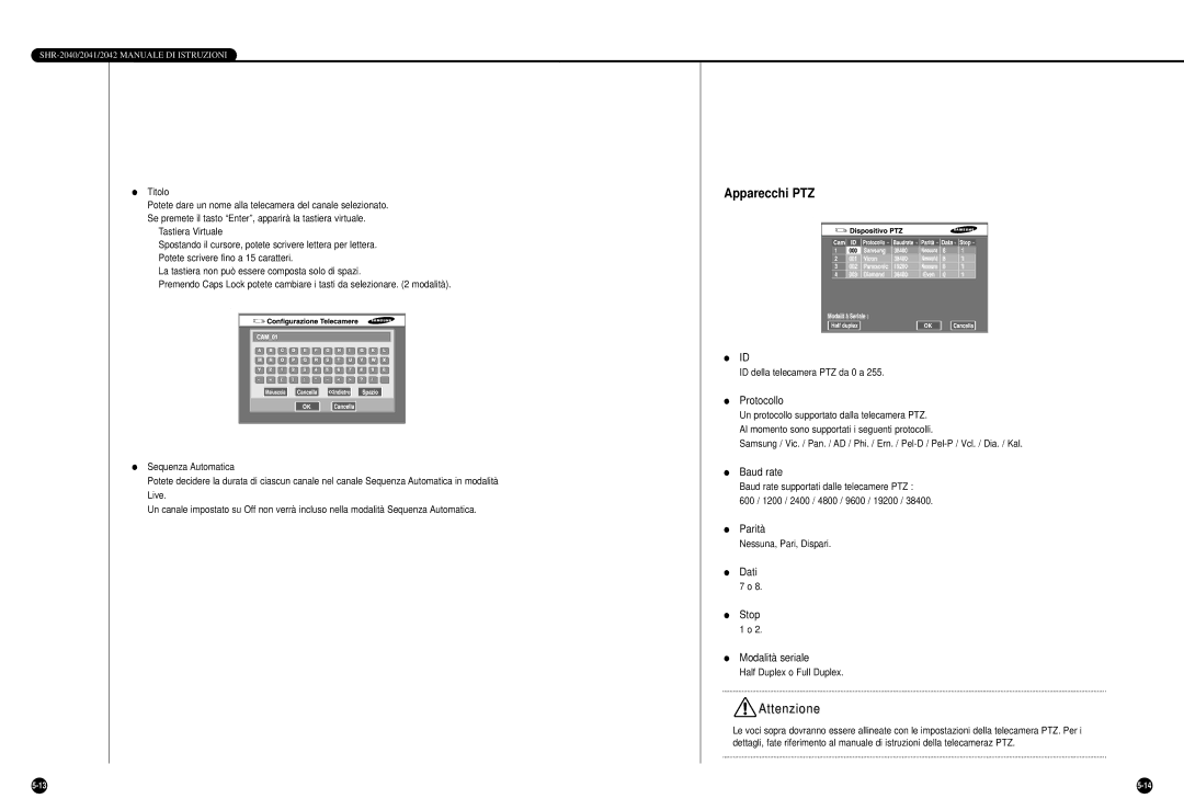 Samsung SHR-2040P/GAR, SHR-2042P, SHR-2040PX manual Apparecchi PTZ, Protocollo, Baud rate, Parità, Dati Stop Modalità seriale 