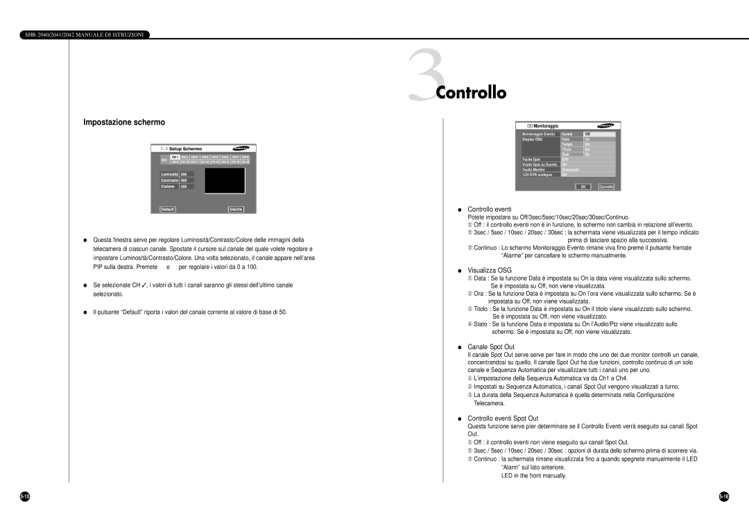 Samsung SHR-2042P, SHR-2040P 3Controllo, Impostazione schermo, Visualizza OSG, Canale Spot Out, Controllo eventi Spot Out 