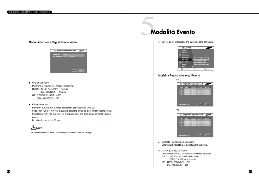 Samsung SHR-2040P/GAR manual 5Modalità Evento, Modo dimensione Registrazione Video, Modalità Registrazione su Evento 