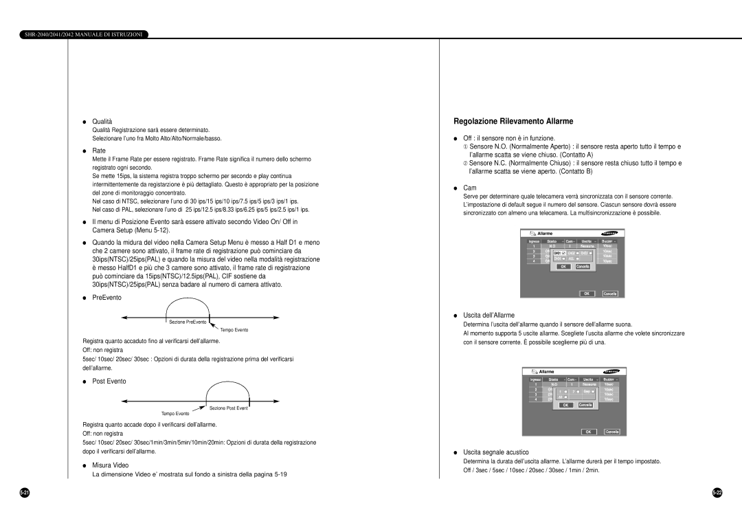 Samsung SHR-2040P/GAR, SHR-2042P, SHR-2040PX Regolazione Rilevamento Allarme, PreEvento, Post Evento, Uscita dell’Allarme 
