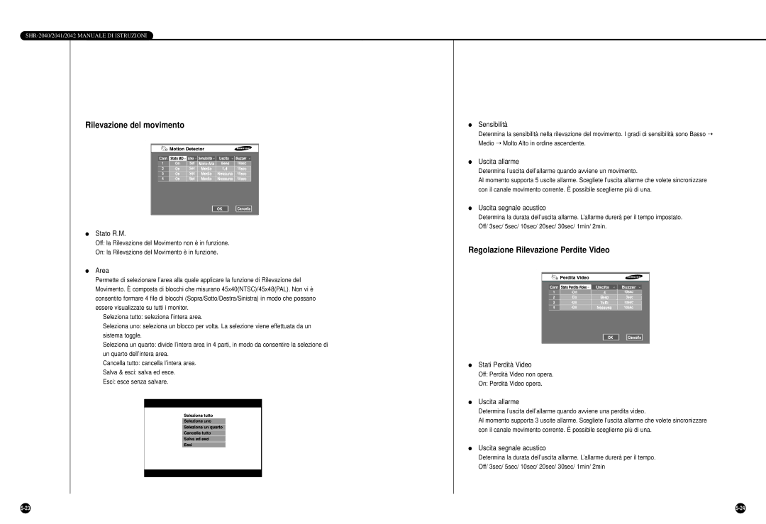 Samsung SHR-2042P, SHR-2040P/GAR, SHR-2040PX manual Rilevazione del movimento, Regolazione Rilevazione Perdite Video 