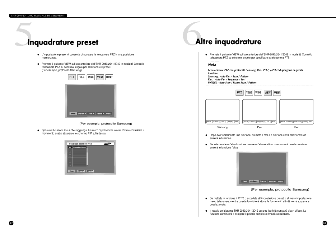 Samsung SHR-2040PX, SHR-2040P/GAR, SHR-2042P 5Inquadrature preset, 6Altre inquadrature, Per esempio, protocollo Samsung 