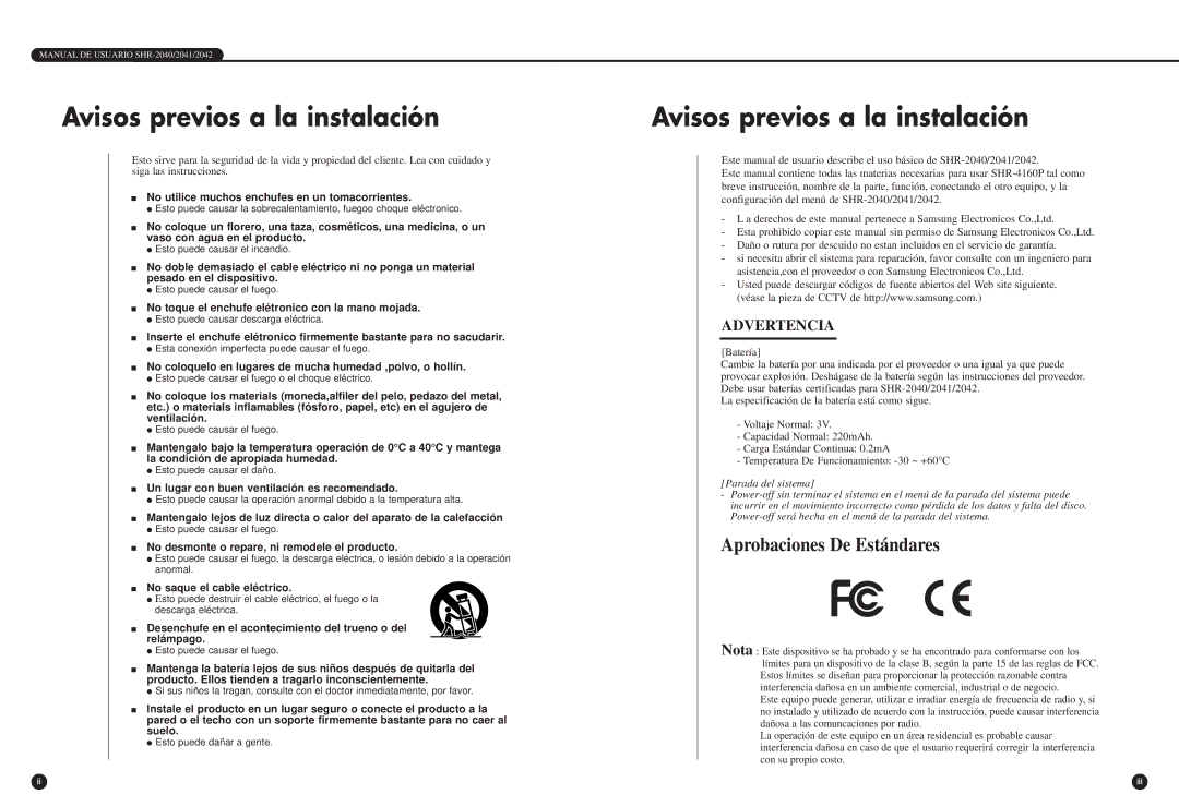 Samsung SHR-2042P, SHR-2040P/GAR, SHR-2040P/XEC manual Avisos previos a la instalación 