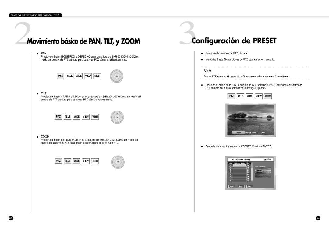 Samsung SHR-2040P/GAR, SHR-2042P, SHR-2040P/XEC manual 2Movimiento básico de PAN, TILT, y Zoom, 3Configuración de Preset 