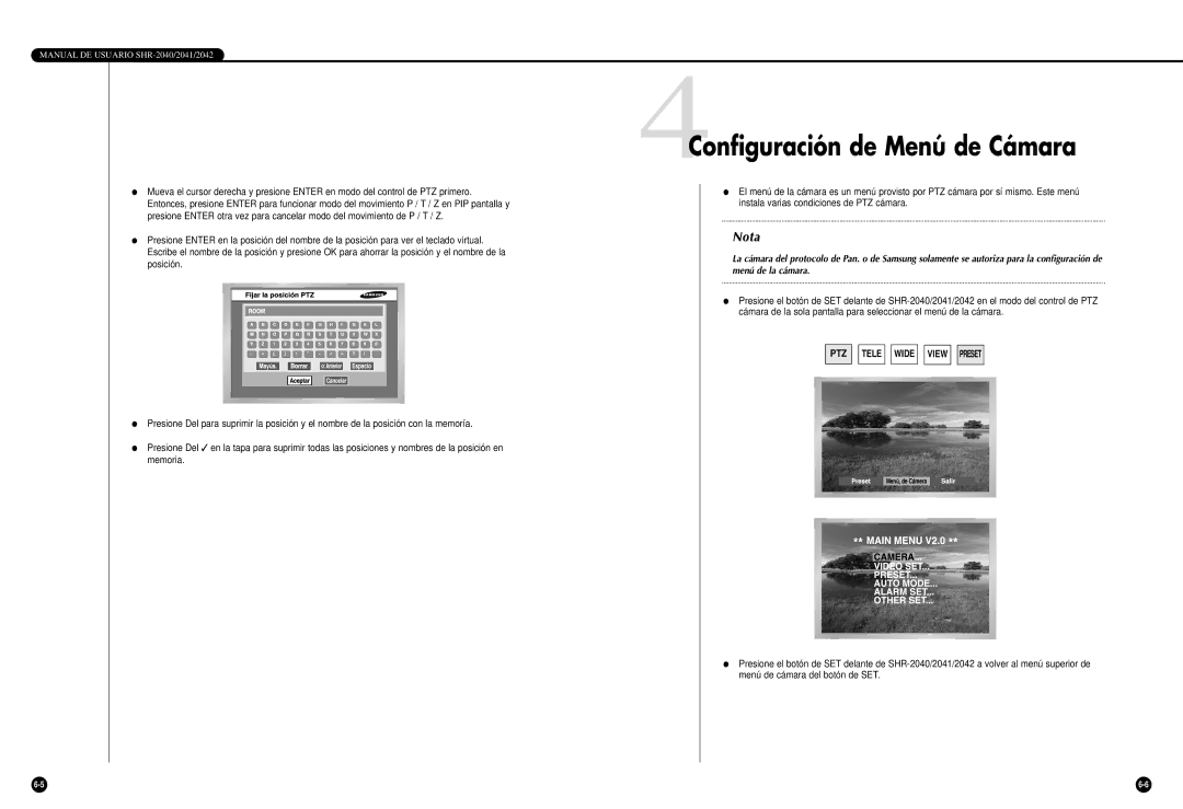 Samsung SHR-2042P, SHR-2040P/GAR, SHR-2040P/XEC manual 4Configuración de Menú de Cámara 