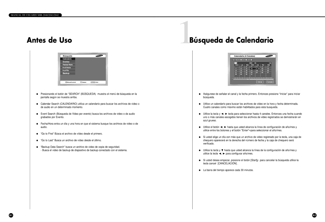 Samsung SHR-2040P/XEC, SHR-2040P/GAR, SHR-2042P manual Antes de Uso Búsqueda de Calendario 