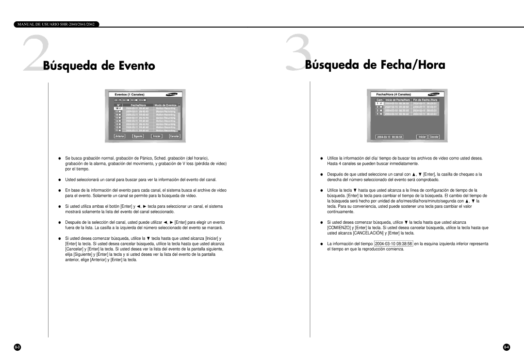 Samsung SHR-2040P/GAR, SHR-2042P, SHR-2040P/XEC manual Búsqueda de Fecha/Hora, Búsqueda de Evento 