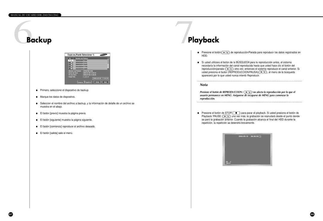 Samsung SHR-2042P, SHR-2040P/GAR, SHR-2040P/XEC manual 6Backup, 7Playback 